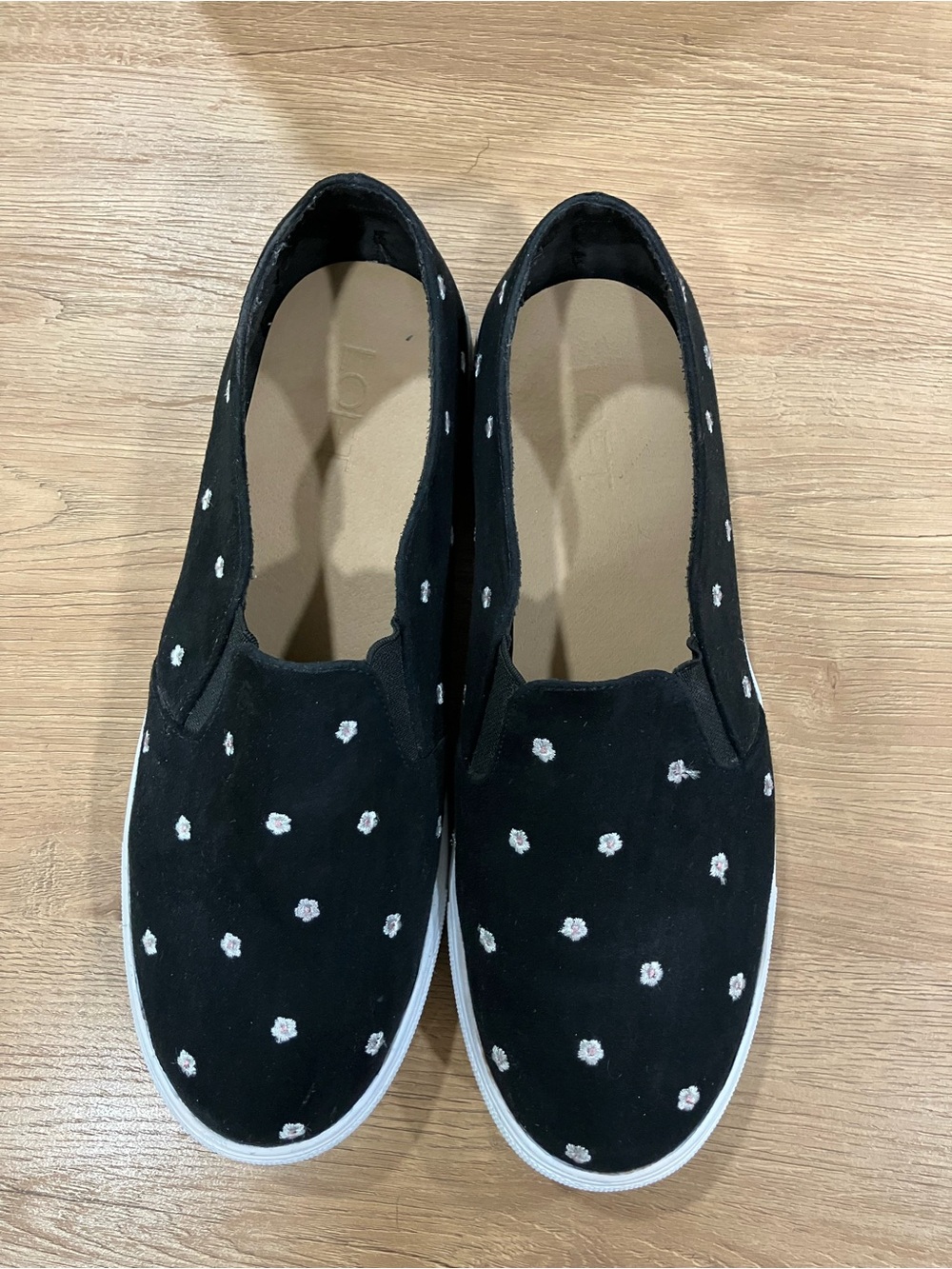 LOFT Black Slip-On Flats with White Floral Embroidery